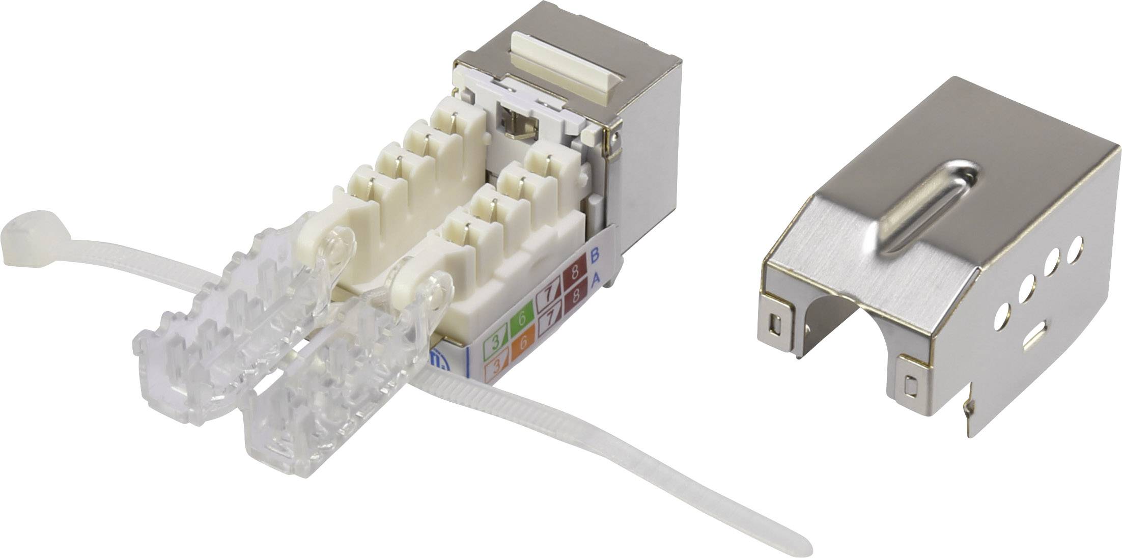 Ekranowany moduł sieciowy RJ45 z otwartą obudową. Widoczne są wewnętrzne złącza i przewody oznaczone kolorami, z boku leży pokrywa.