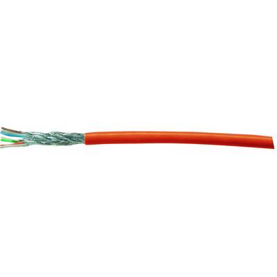 Czerwony kabel z wieloma kolorowymi, izolowanymi przewodami w środku i metalową siatką ekranującą.