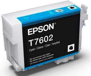 Wkład atramentowy Epson T7602 w kolorze cyjan, przeznaczony do drukarki; model i kolor są wyraźnie widoczne na przedniej stronie.