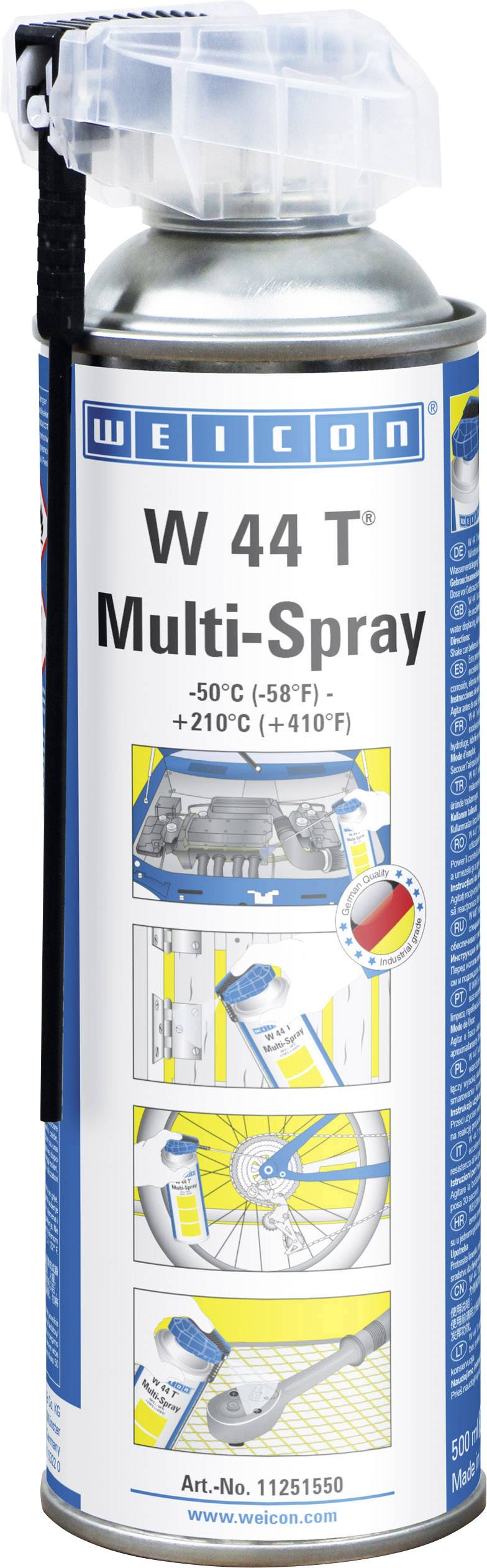 Spray 'Weicon W 44 T Multi-Spray' z zakresem temperatur od -50°C do +210°C z ilustracjami zastosowania na elementach metalowych i rowerze.