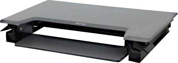 Płaski, czarny stojak na monitor wykonany z tworzywa sztucznego, posiadający powierzchnię odkładczą oraz regulowane nóżki.