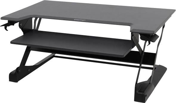 Regulowany na wysokość blat biurkowy w kolorze czarnym umożliwia pracę zarówno w pozycji stojącej, jak i siedzącej.