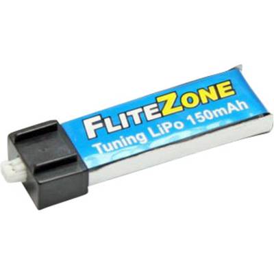 Niebieski akumulator litowo-polimerowy z napisem 'FliteZone Tuning LiPo 150mAh'.