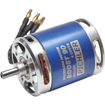 Niebieski, cylindryczny silnik elektryczny z napisem 'PICHLER BOOST 990', wieloma przewodami przyłączeniowymi i widocznymi cewkami miedzianymi.