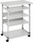 Wózek metalowy z czterema półkami i kółkami, przydatny do przechowywania lub transportu w biurach lub magazynach.