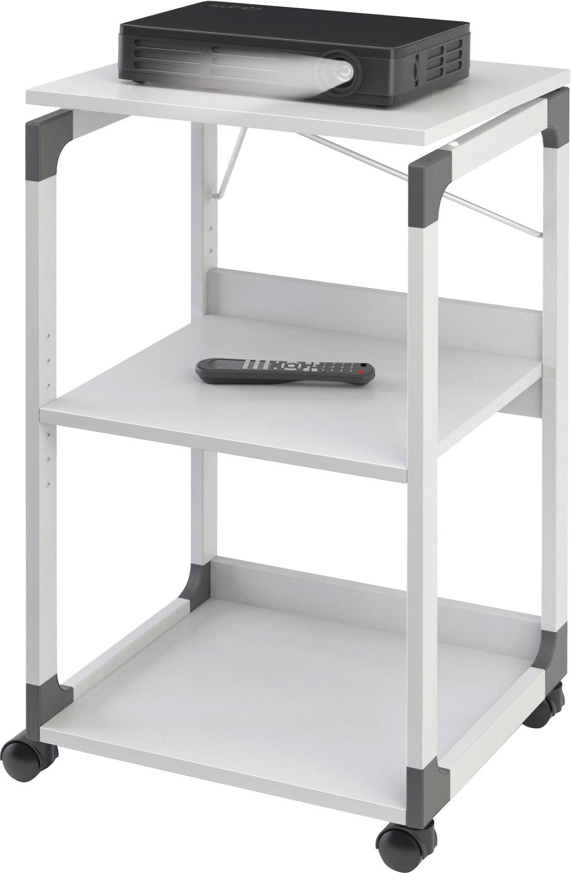 Biały wózek jezdny z trzema poziomami, projektorem na najwyższej płaszczyźnie oraz pilotem na środkowym poziomie.