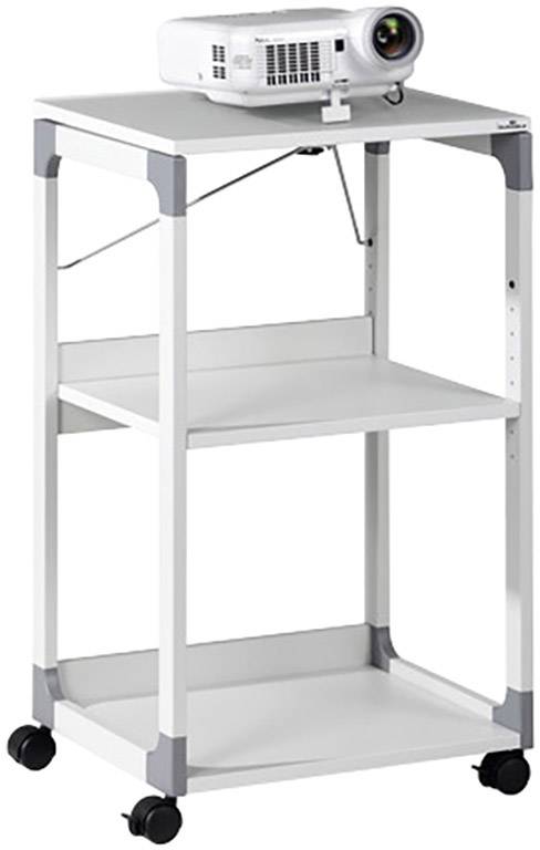 Biały wózek projekcyjny z trzema powierzchniami odkładczymi, zamontowany na czterech kółkach, posiada projektor umieszczony na górze.