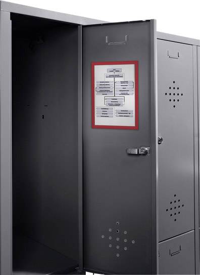 Otwarty szary szafka metalowa z organogramem na wewnętrznej stronie drzwi.