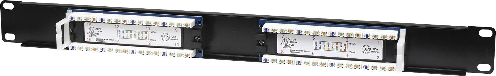 Czarna szafa rack z dwiema rzędami kolorowych złączy kablowych, stosowana w technice sieciowej lub telekomunikacyjnej.