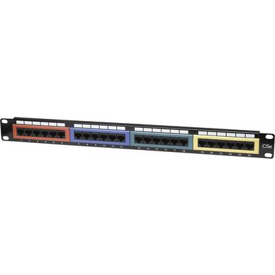 Panel krosowy z 24 gniazdami RJ45, kodowany kolorystycznie na czerwono, niebiesko, zielono i żółto. Oznaczenia numerują porty od 1 do 24.