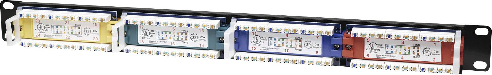 Patch panel z kolorowymi modułami do organizacji przewodów sieciowych, oznaczony numerami identyfikacyjnymi portów.