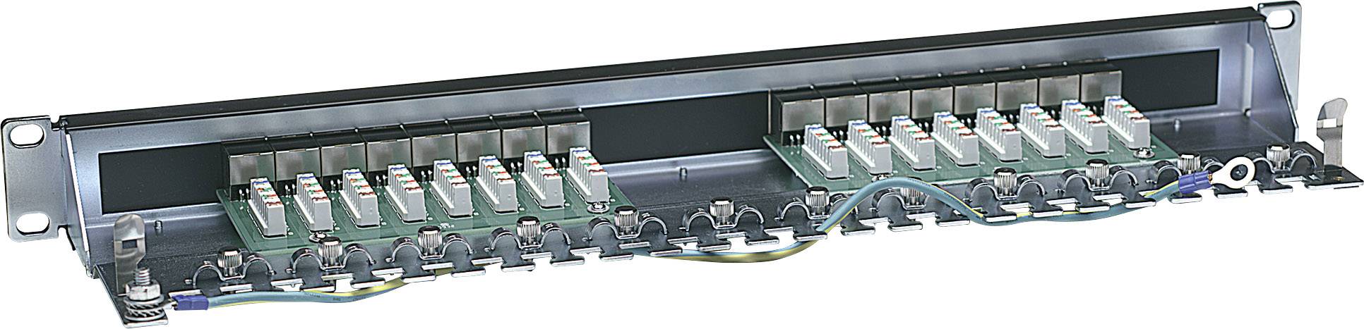 Moduł szafy serwerowej, wyposażony w dziewięć zielonkawych, prostokątnych elementów elektronicznych, okablowany i gotowy do pracy.