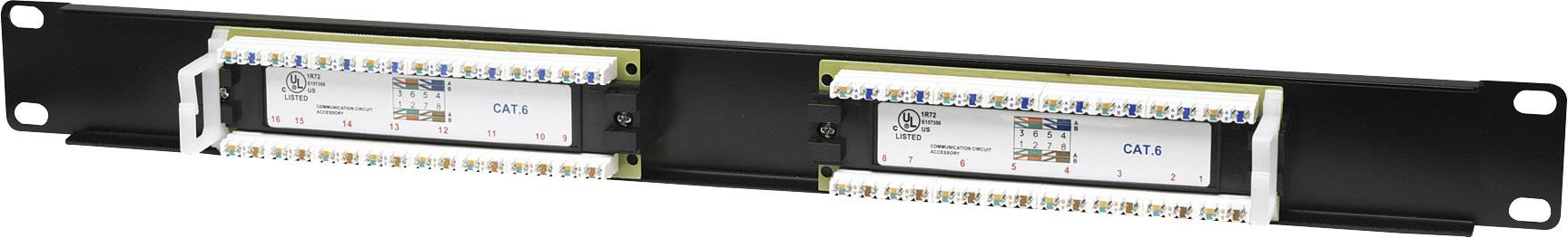 Czarna płyta przyłączeniowa z dwoma rzędami złączy sieciowych, każde ze specjalnymi kolorowymi kodowaniami dla przewodów połączeniowych.