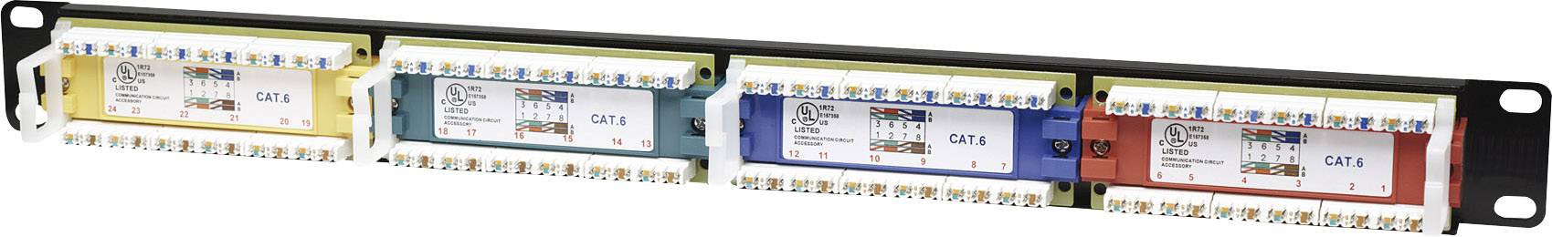 Panel krosowniczy z trzema modułami w różnych kolorach (niebieski, żółty, czerwony), oznaczony napisem 'CAT 5e', prezentujący złącza kablowe i opisy.