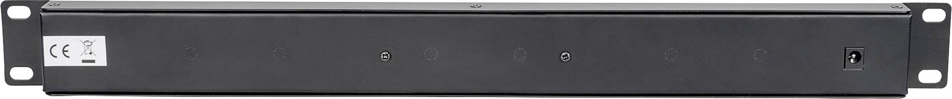 Czarne, prostokątne urządzenie z oznaczeniem CE i gniazdem zasilania, prawdopodobnie podzespół do zamontowania w szafie rack.
