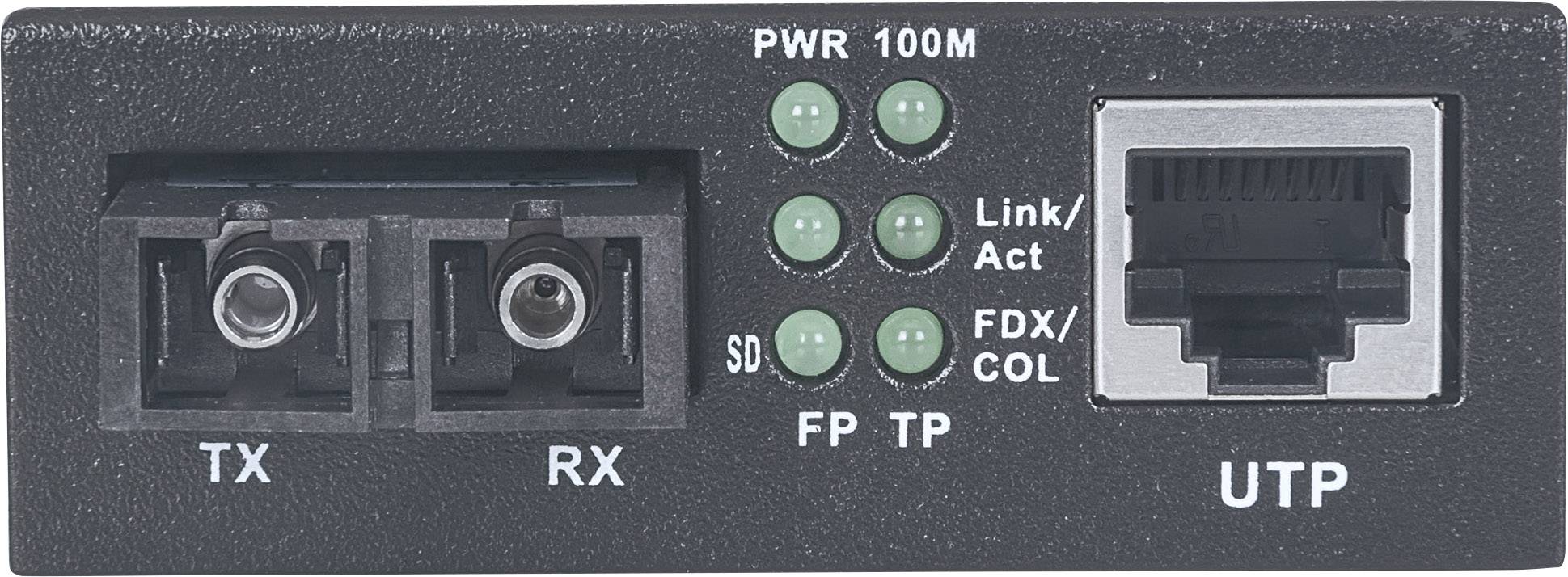 Konwerter mediów z interfejsami: po lewej stronie złącza światłowodowe (TX, RX), po prawej RJ-45 UTP. Diody LED wskazują stan zasilania, linii/aktywności oraz pełnego/połówkowego dupleksu.