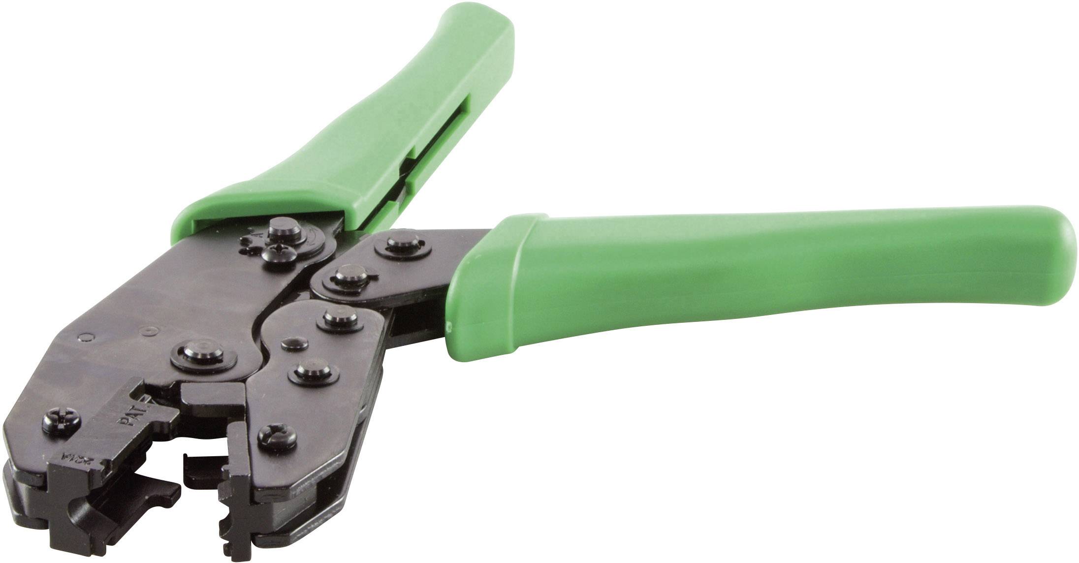 Narzędzie do zaciskania z zielonymi uchwytami, pokazane w pozycji otwartej, na białym tle.