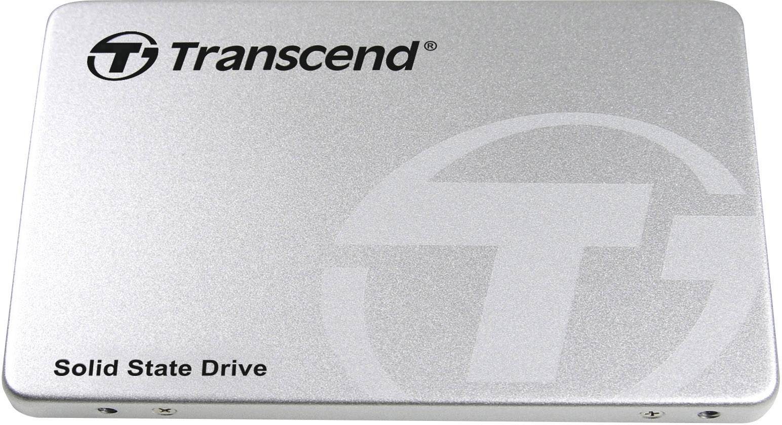 Dysk SSD Transcend w srebrnej metalowej obudowie z logo i napisem w lewym górnym rogu oraz oznaczeniem modelu w lewym dolnym rogu.