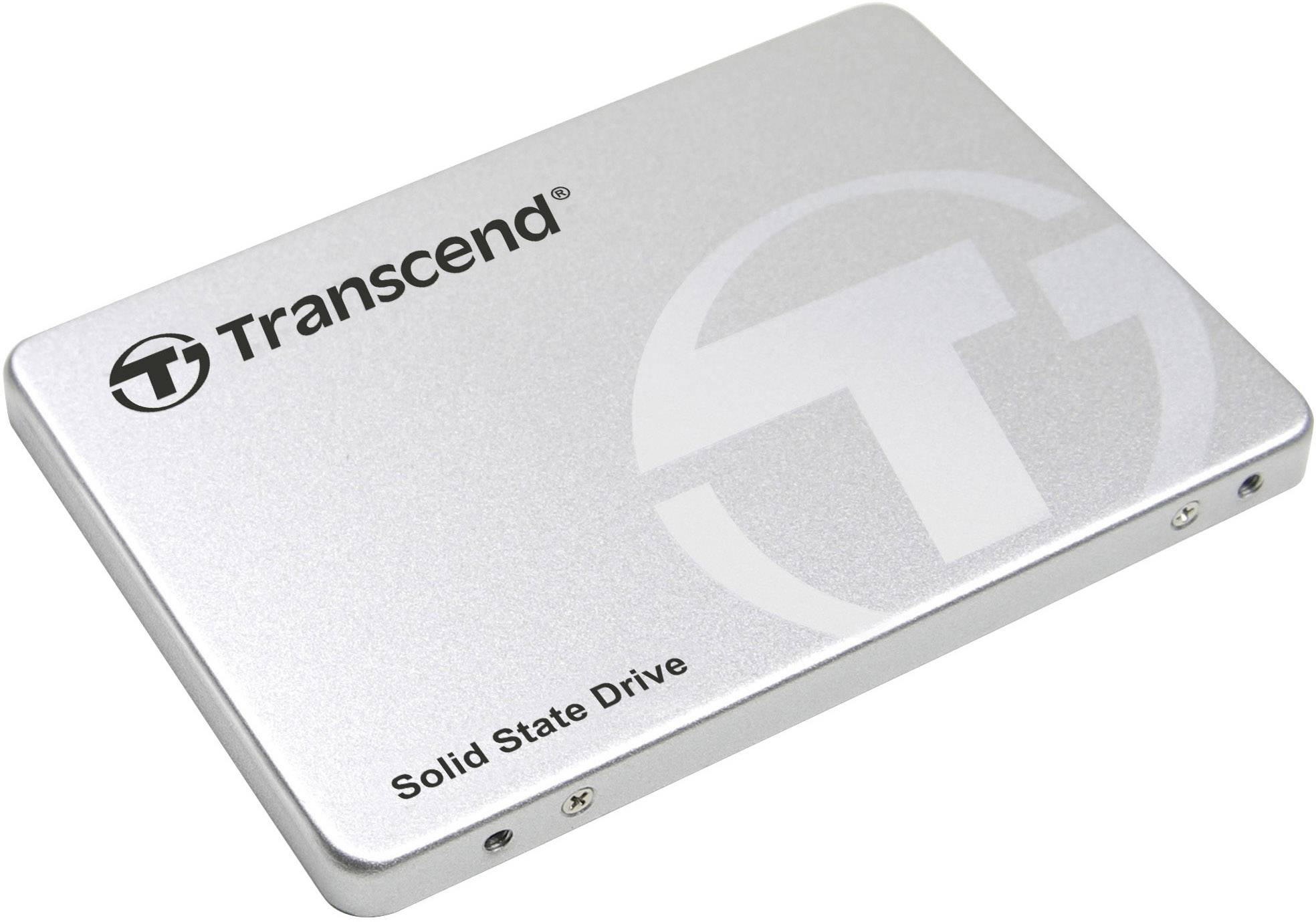 Dysk SSD Transcend w kolorze srebrnym z logo i napisem na górnej powierzchni.