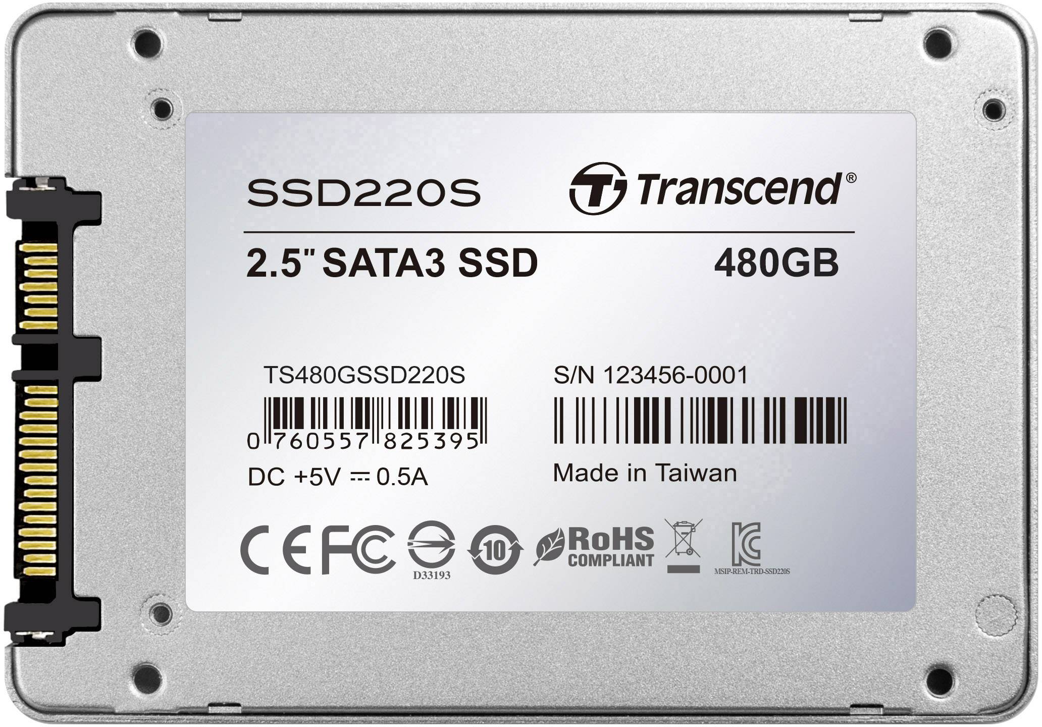 Transcend SSD220S 2,5" SATA3 SSD, 480GB. Zawiera szczegóły techniczne i certyfikaty.