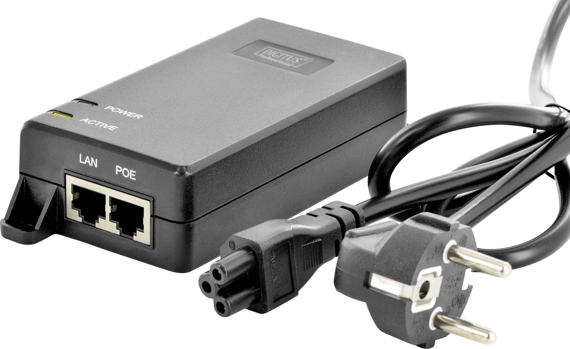 Czarny injector PoE z dwoma portami Ethernet, złączem zasilania i przewodem zasilającym. Niezbędny do połączeń sieciowych.