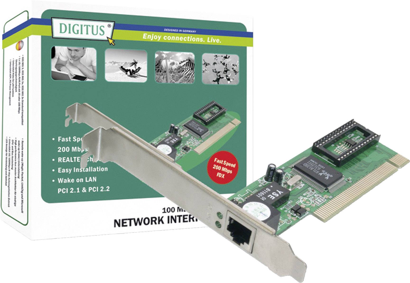 Karta interfejsu sieciowego 'NETZWERK INTERFACE CARD' firmy Digitus oferuje prędkość 200 Mbps, jest kompatybilna ze standardami PCI 2.1 i PCI 2.2, wyposażona w złącze RJ-45.