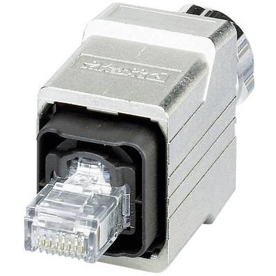 Srebrny wtyk RJ45, solidnie wykonany, przedstawiony jest w zbliżeniu. Nadaje się do przemysłowych połączeń Ethernet.