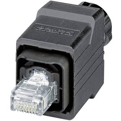 Czarny adapter RJ45 z przezroczystą obudową, odpowiedni do połączeń przewodów sieciowych.
