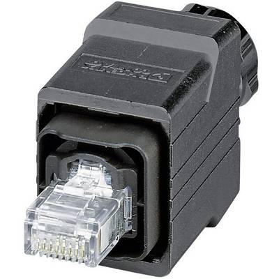 Czarny wtyk Ethernet z przezroczystą końcówką, używany do przesyłania sygnałów sieciowych.