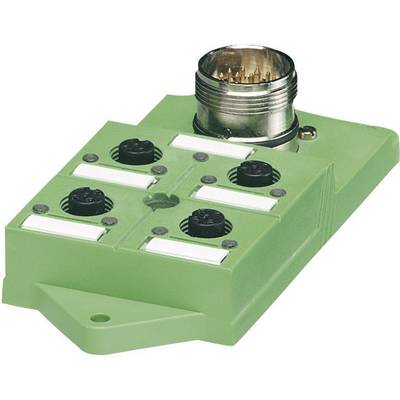 Zielony moduł elektroniczny z pięcioma slotami i okrągłym, metalicznym złączem na górnej powierzchni.