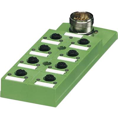 Zielony przyrząd elektroniczny z kilkoma czarnymi gniazdami i większą metalową wtyczką na górze, prawdopodobnie rozdzielacz lub adapter.