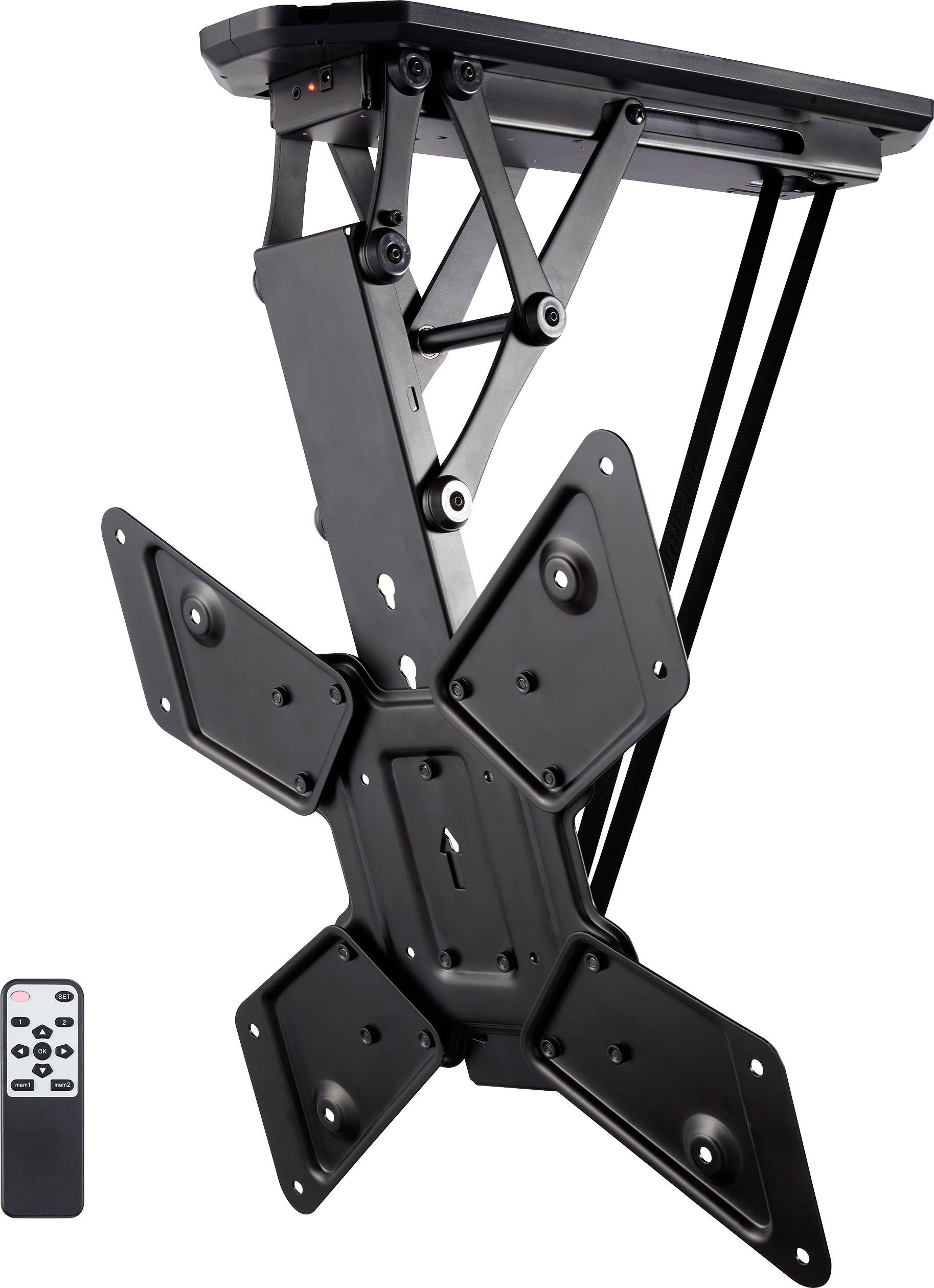 Zmotoryzowany uchwyt sufitowy do telewizora w kolorze czarnym z pilotem, idealny do elastycznego pozycjonowania telewizora płaskiego.