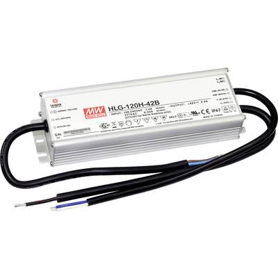 Srebrny sterownik LED z napisem 'HLG-120H-42B'. Posiada złącza i przewody do podłączenia elektrycznego do oświetlenia.
