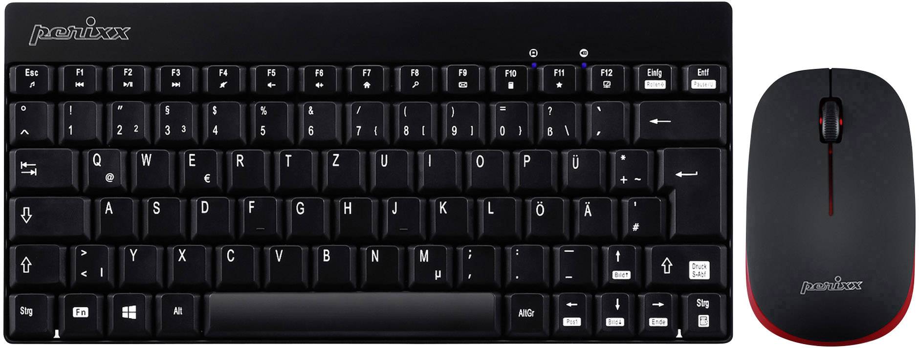 Czarna, bezprzewodowa klawiatura z niemieckim układem QWERTZ oraz zestaw myszy, oba z logo marki w lewym górnym rogu.