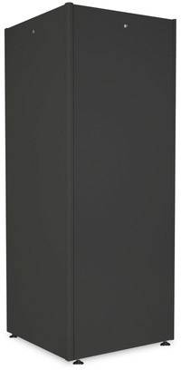 Czarny, prostokątny szafka stojąca na czterech nogach, prawdopodobnie przydatna do przechowywania sprzętu technicznego lub innych przedmiotów.