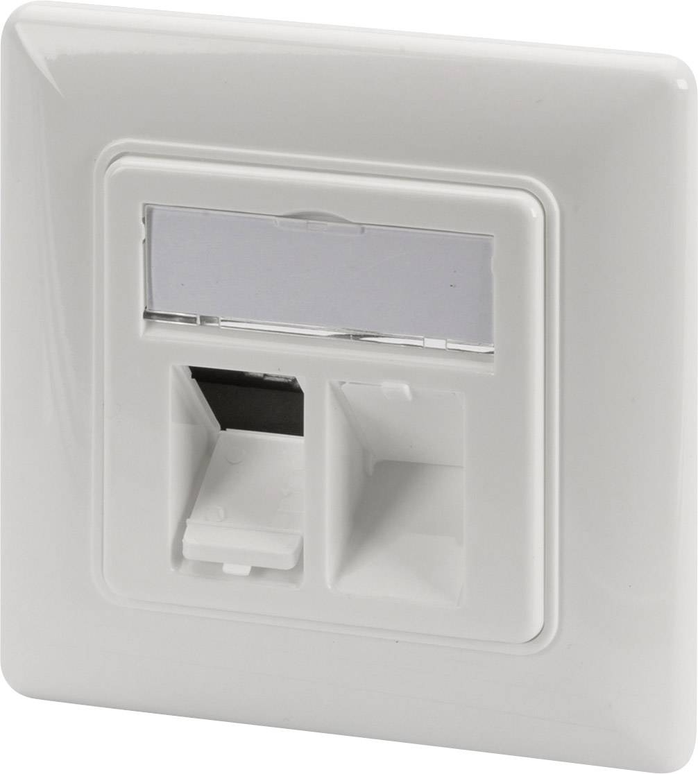 Biała osłona gniazda sieciowego z dwoma pustymi portami w prostokątnej ramce, gotowa do podłączenia wtyczek sieciowych.
