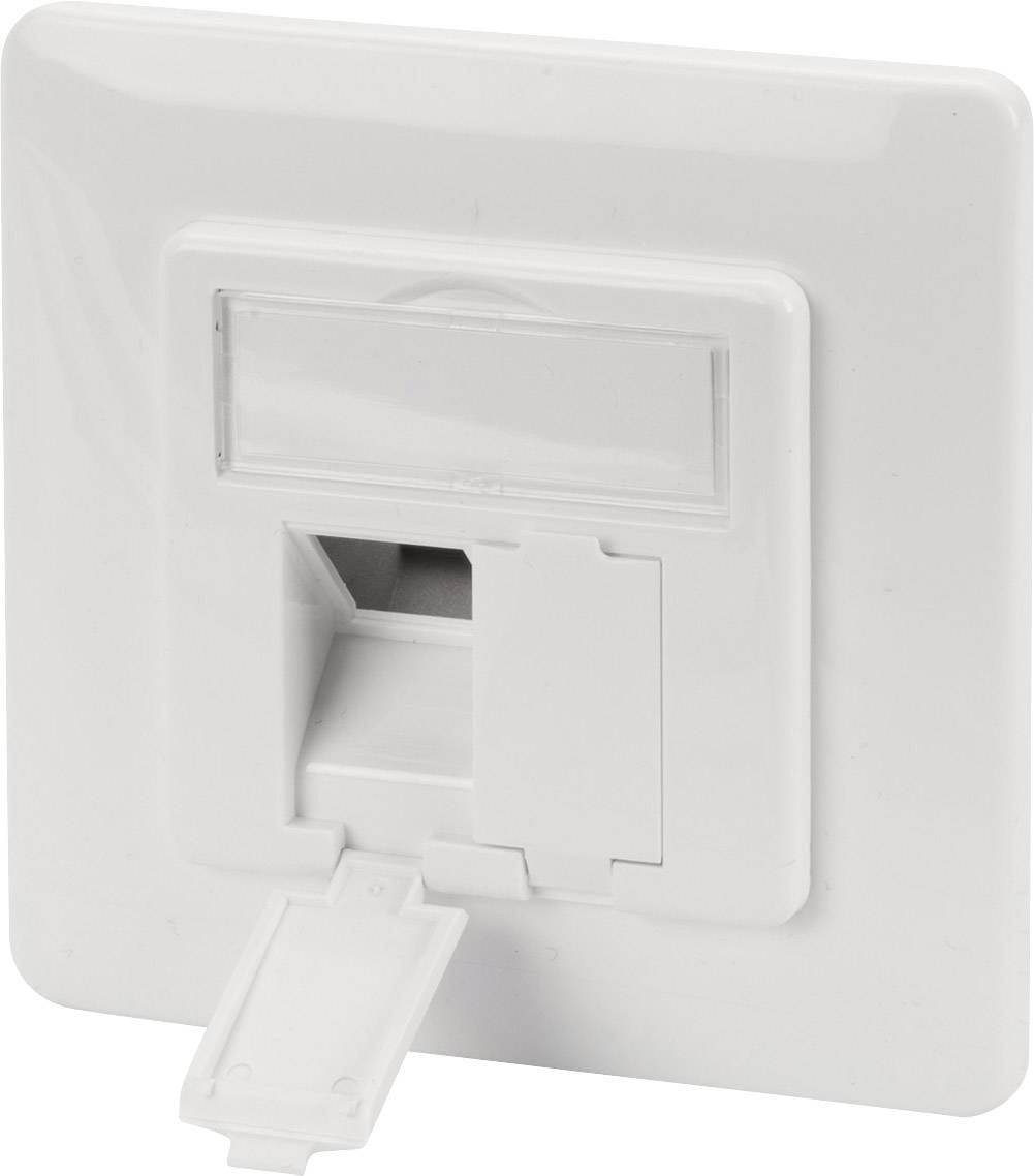 Biały gniazdo sieciowe na puszce instalacyjnej z opuszczoną pokrywą.