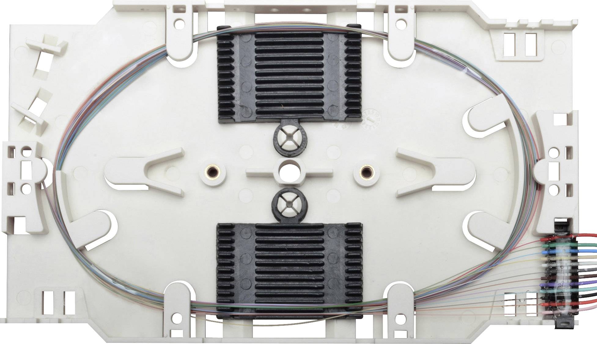 Zbliżenie białej matrycy rozdzielczej z włókna szklanego z czarnymi komponentami i kolorowymi kablami ułożonymi symetrycznie.