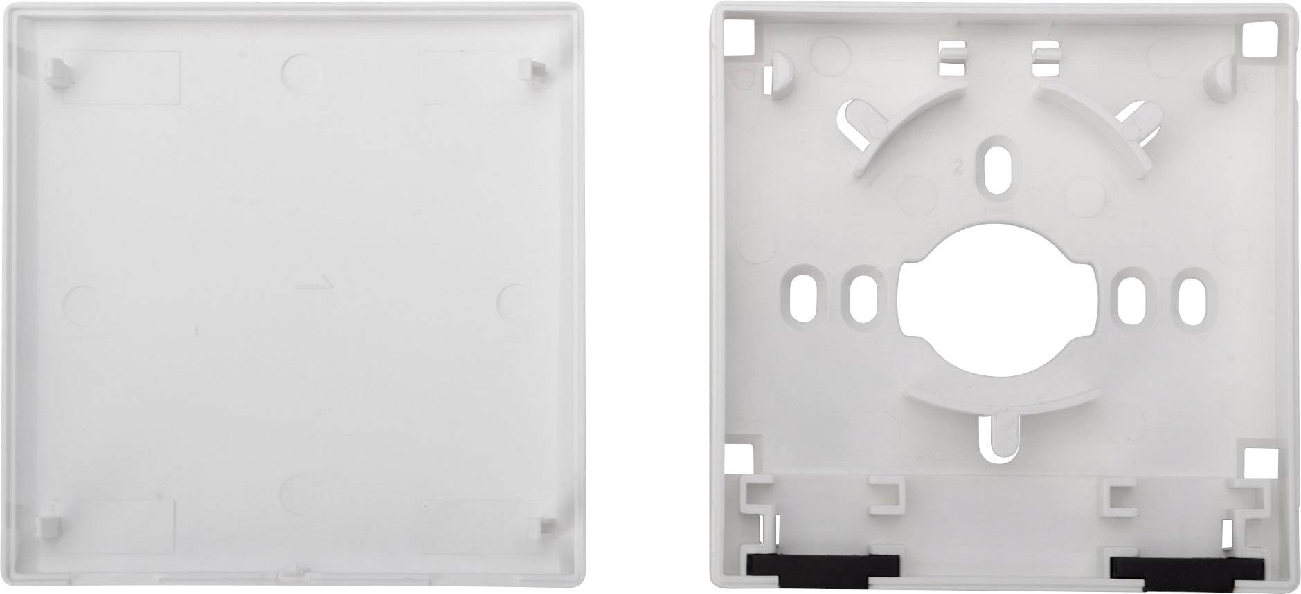 Dwie białe, kwadratowe obudowy z tworzywa sztucznego, jedna z otworami i elementami mocującymi, druga gładka.