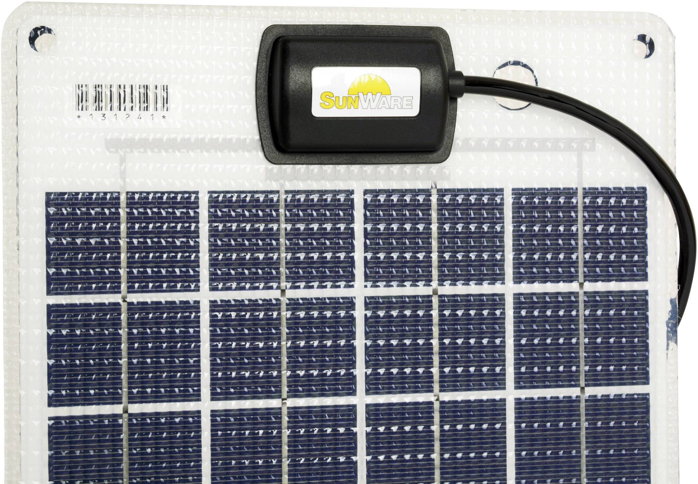 Moduł solarny z prostokątnymi ogniwami. Na górze podłączony jest kabel, poniżej napis 'SunWare'. Moduł służy do przekształcania energii słonecznej.