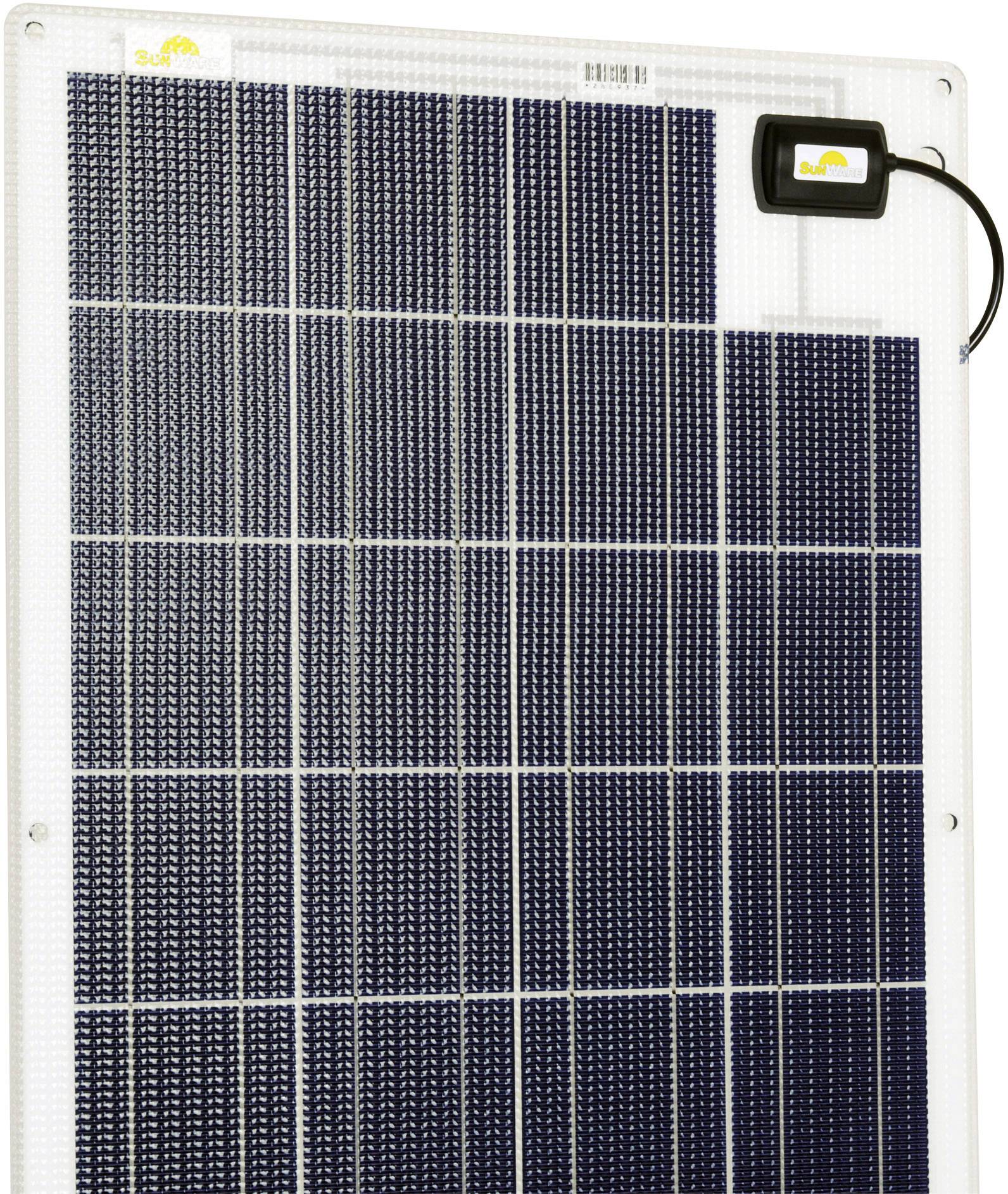 Moduł solarny z czarnym wzorem kwadratowym i gniazdem przyłączeniowym w prawym górnym rogu, przeznaczony do wytwarzania energii elektrycznej z promieniowania słonecznego.