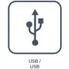 Symbol USB składający się z koła, trójkąta i kwadratu na ostrzach strzał, symbolizuje uniwersalną możliwość połączenia.