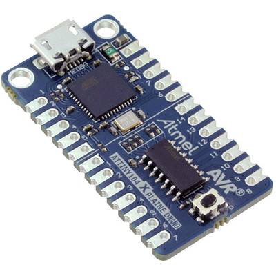 Niebieska płytka rozwojowa mikrokonrolera z gniazdem USB, wieloma pinami oraz oznaczeniami 'Atmel AVR' i 'ATtiny104 Xplained Nano'.