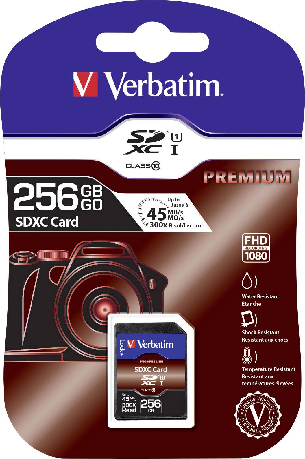 Karta Verbatim 256 GB SDXC, klasa 10, UHS-I, do 45 MB/s prędkości odczytu, odporna na wstrząsy i wodę, Full HD 1080.