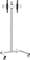 Srebrny, regulowany na wysokość stojak na kółkach do monitorów lub wyświetlaczy z dwoma uchwytami mocującymi.