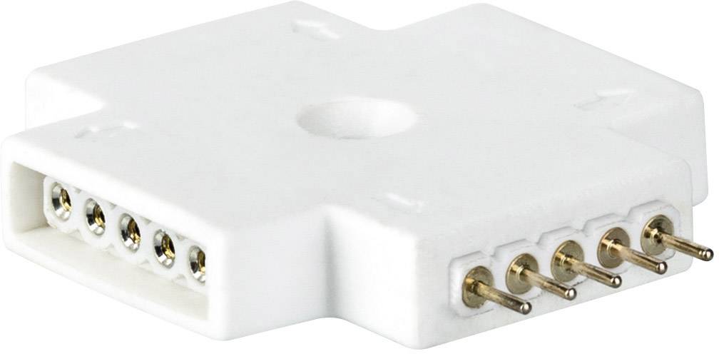 Biała, prostokątna elektryczna złączka z sześcioma metalowymi stykami po prawej stronie i sześcioma otworami po lewej stronie.
