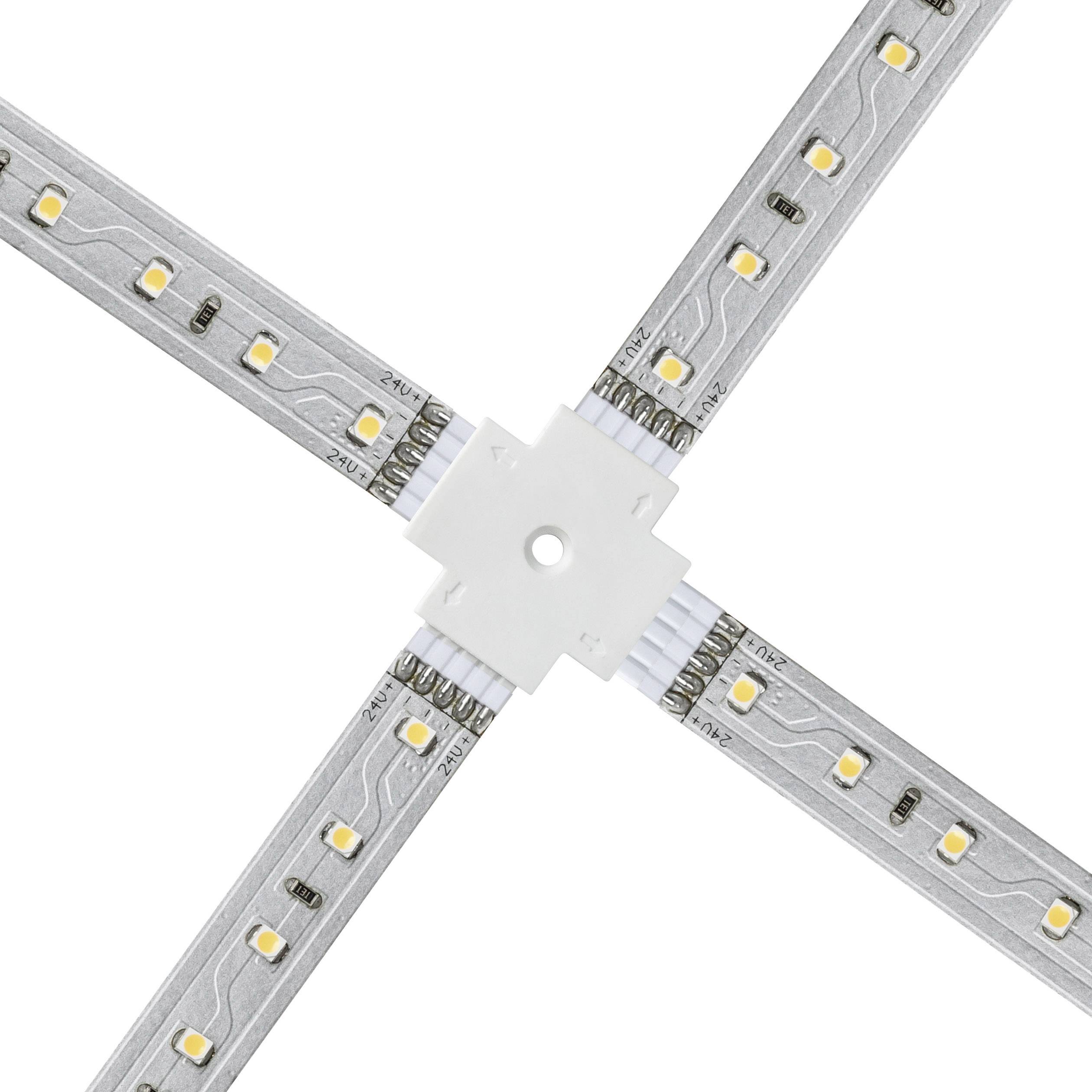 Pas świetlny LED, ułożony krzyżowo z białym elementem łączącym pośrodku, prezentuje rozmieszczenie diod elektroluminescencyjnych.