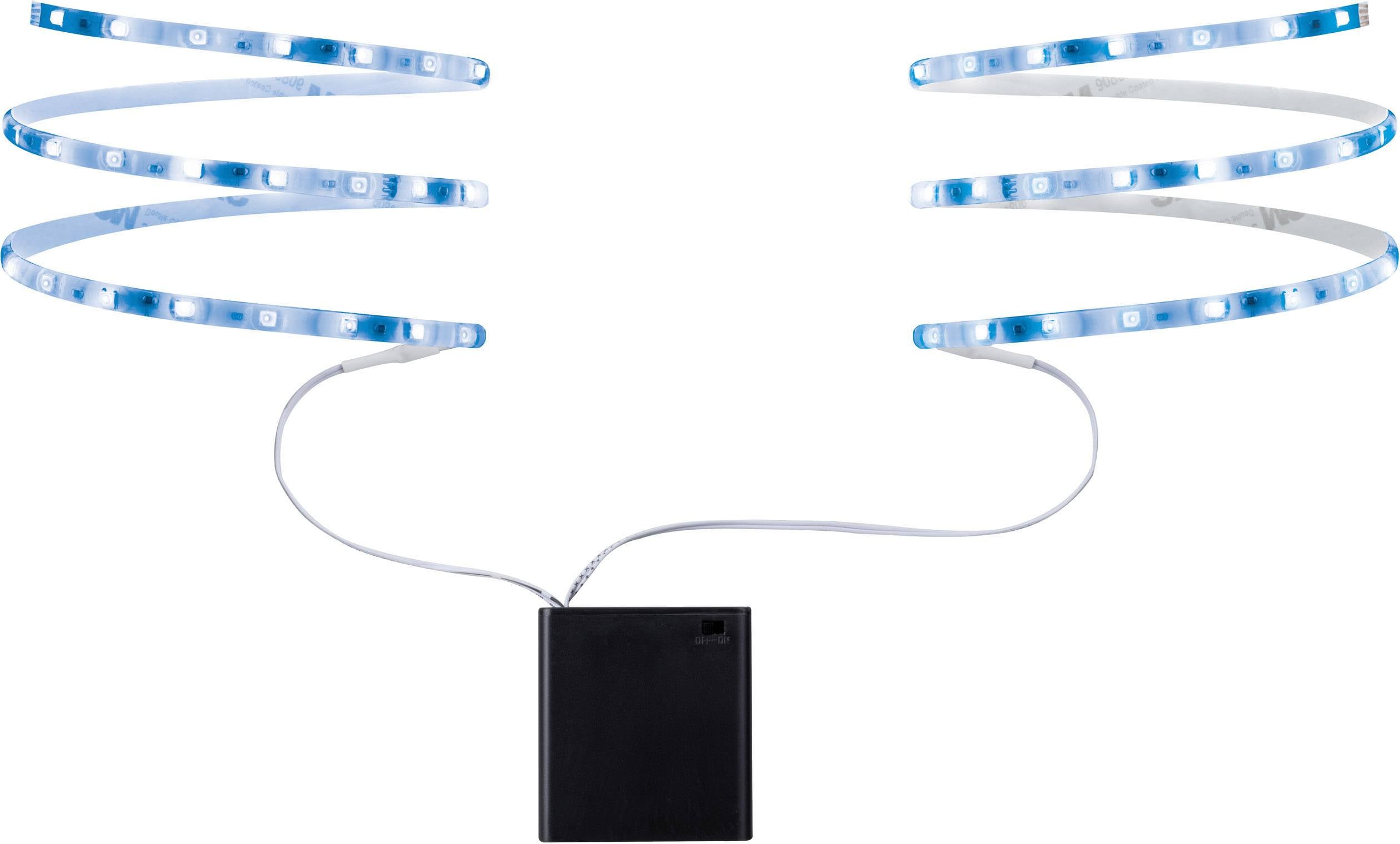 Dwa spiralne pasma świetlne LED świecą na niebiesko-biało, połączone z czarnym pudełkiem bateryjnym.