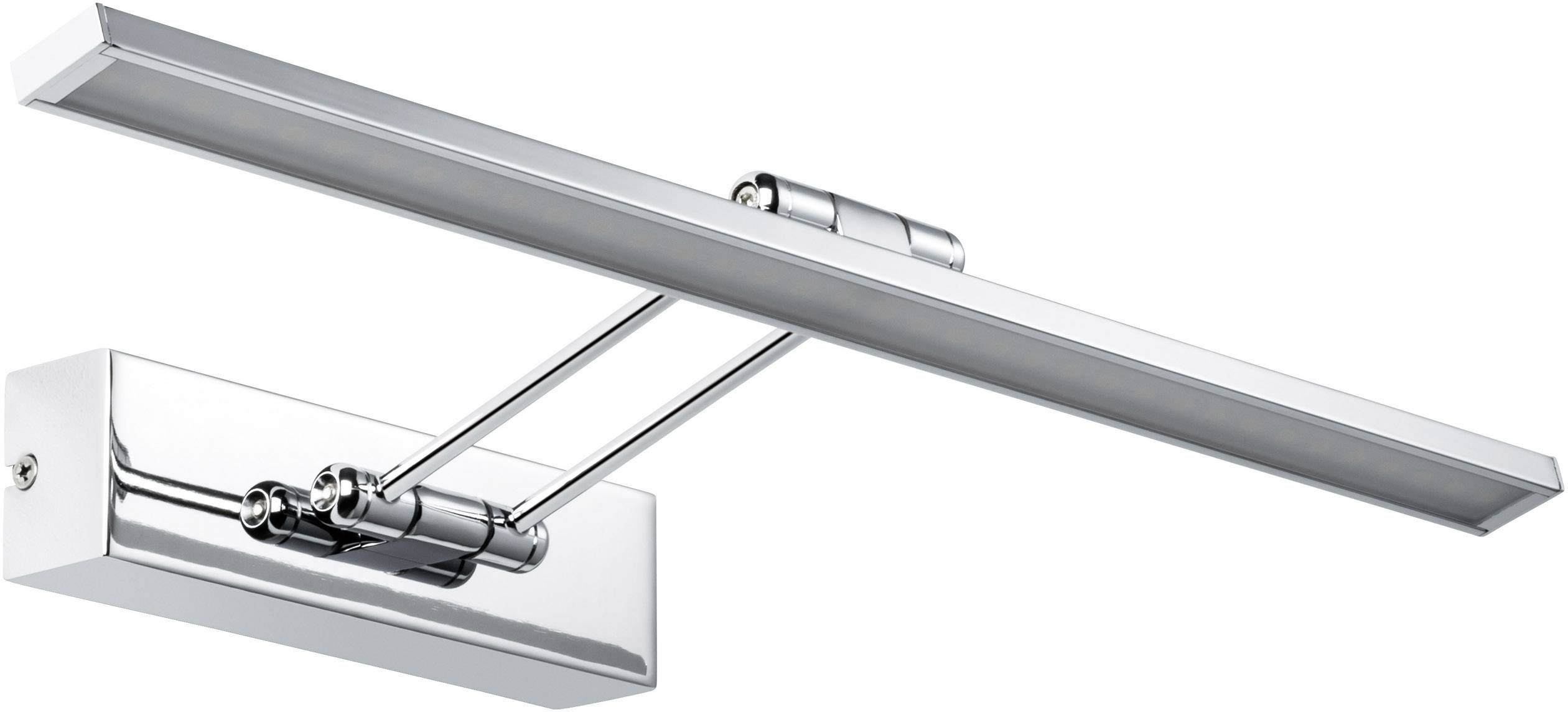 Chromowana lampa LED do obrazów z podłużną, regulowaną głowicą, idealna do oświetlania dzieł sztuki lub fotografii.