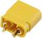 Żółty wtyk XT30U z dwoma stykami metalowymi, stosowany do łączenia przewodów, często wykorzystywany w elektronice amatorskiej i modelarstwie.